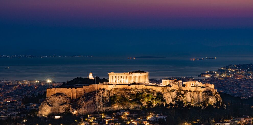 Close-up of Parthenon lit at night Athens private trip