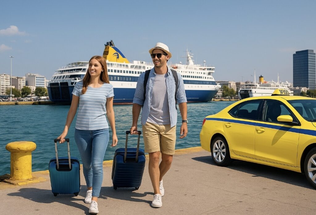 Couple arriving at Piraeus or Rafina, Athens private taxi transfer
